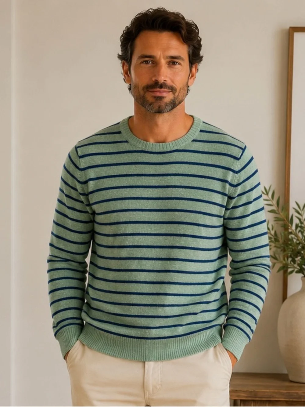 J Crew Sweater Men’s XL Green Lambswool Blend Crewneck Striped Christmas